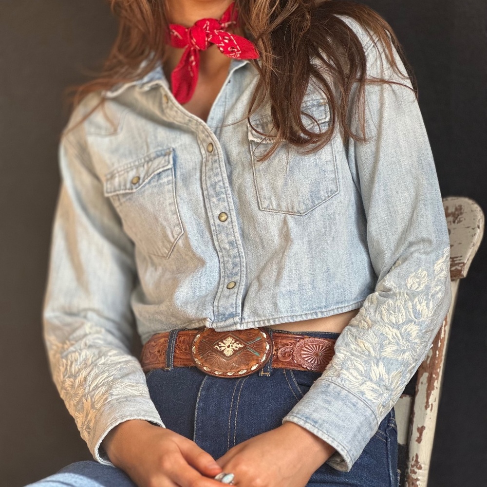 ALL SAINTS Flora Cropped Western Embroidered Snap Shirt XS EUC